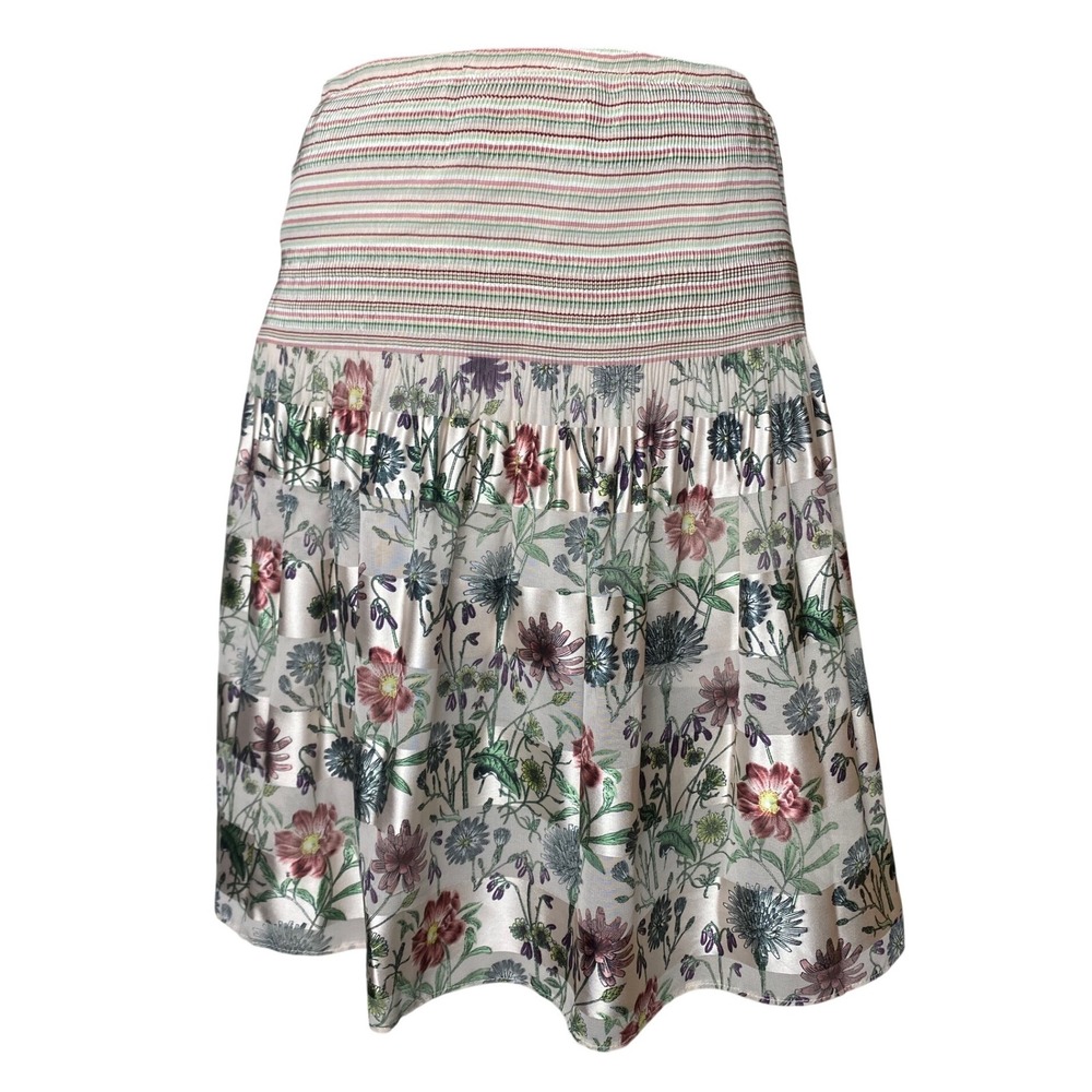 Max Studio Floral Smocked Waist Midi Skirt Cream Pink Green Striped Yoke Medium